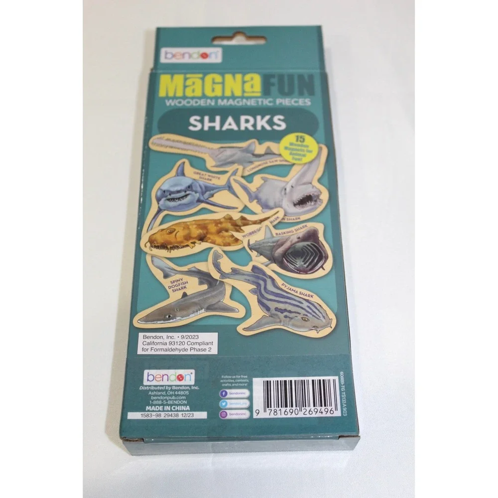Bendon MagnaFun Sharks Wooden Magnetic Pieces 15 Pack Kids Educational Toy New